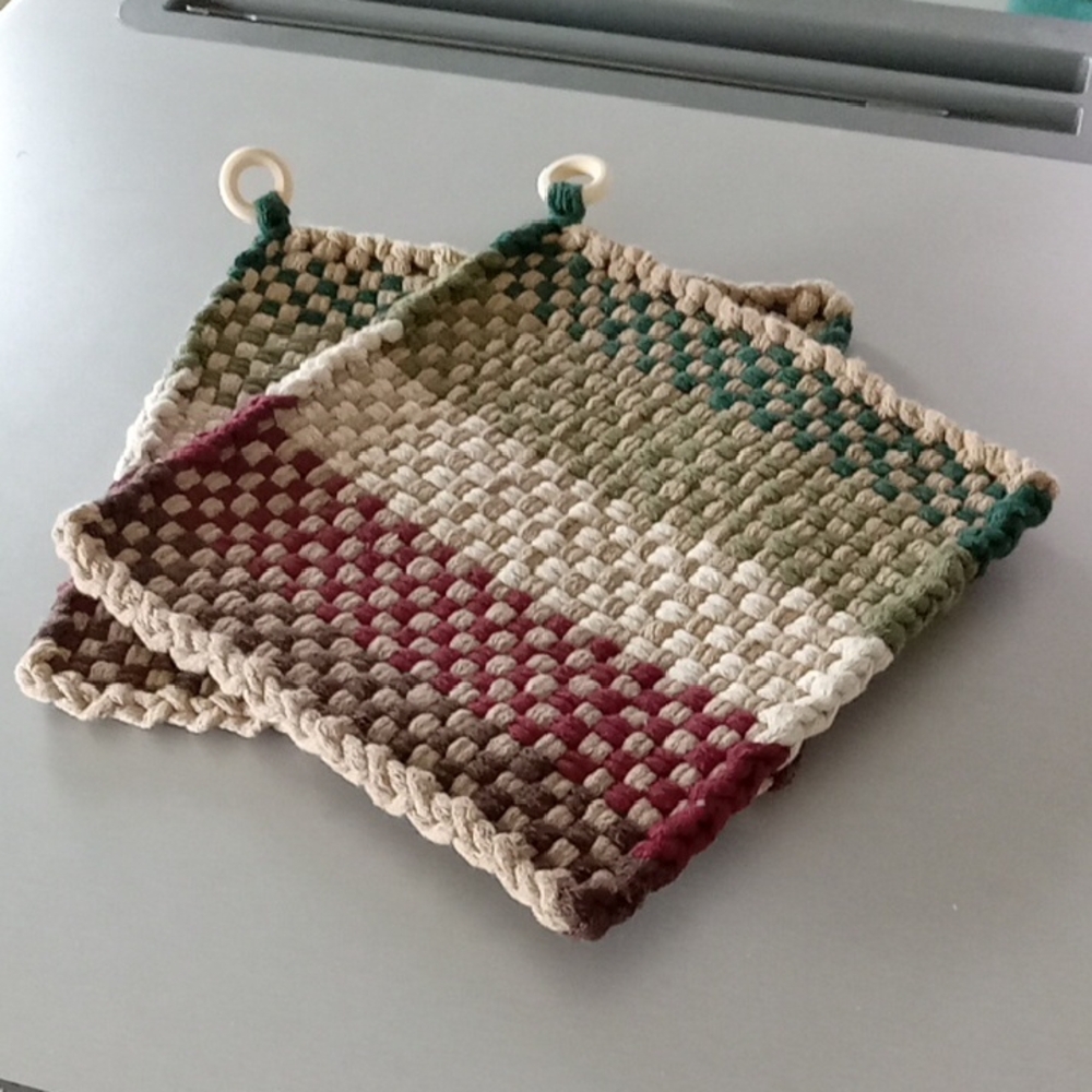 Handwoven Cotton Pot Holders - Multicolor (Beige, Green, Burgundy)